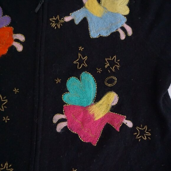 Vintage Quacker Factory Black Wool Cardigan Angel Applique Angelcore Boho M - Picture 9 of 11